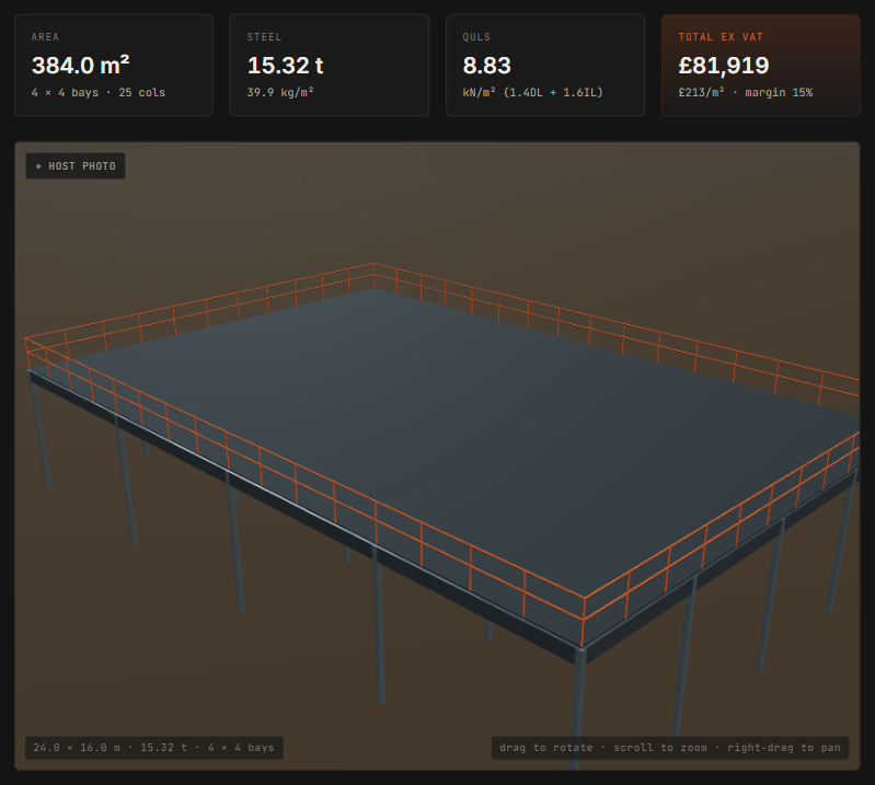 MezzEstim8 3D viewer with stats and parametric mezzanine model