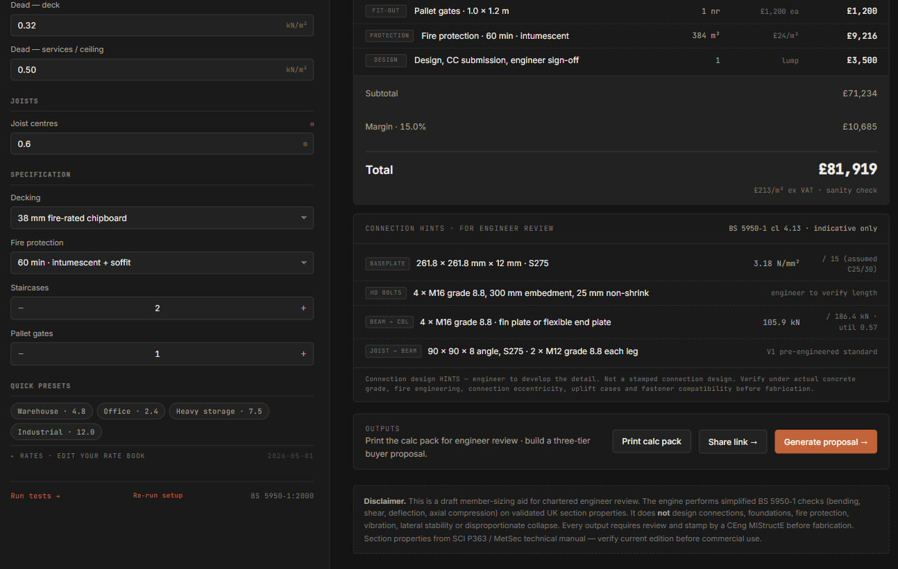 MezzEstim8 cost breakdown with sub-total, margin, total, and connection hints for engineer review