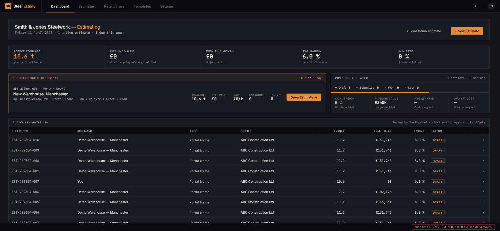SteelEstim8 dashboard showing KPI tiles and active estimates