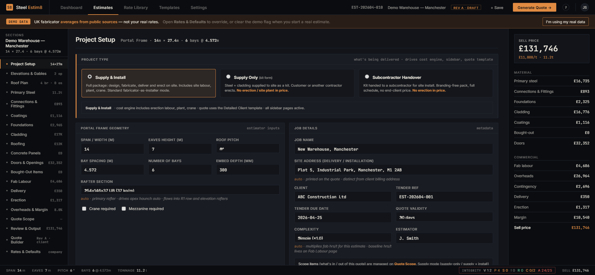 Project Setup form with portal-frame geometry and live sell-price rail