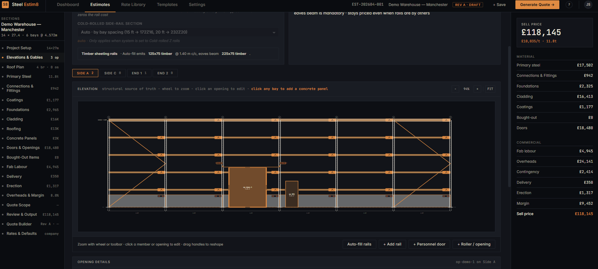 Elevations & Gables view with the live structural canvas