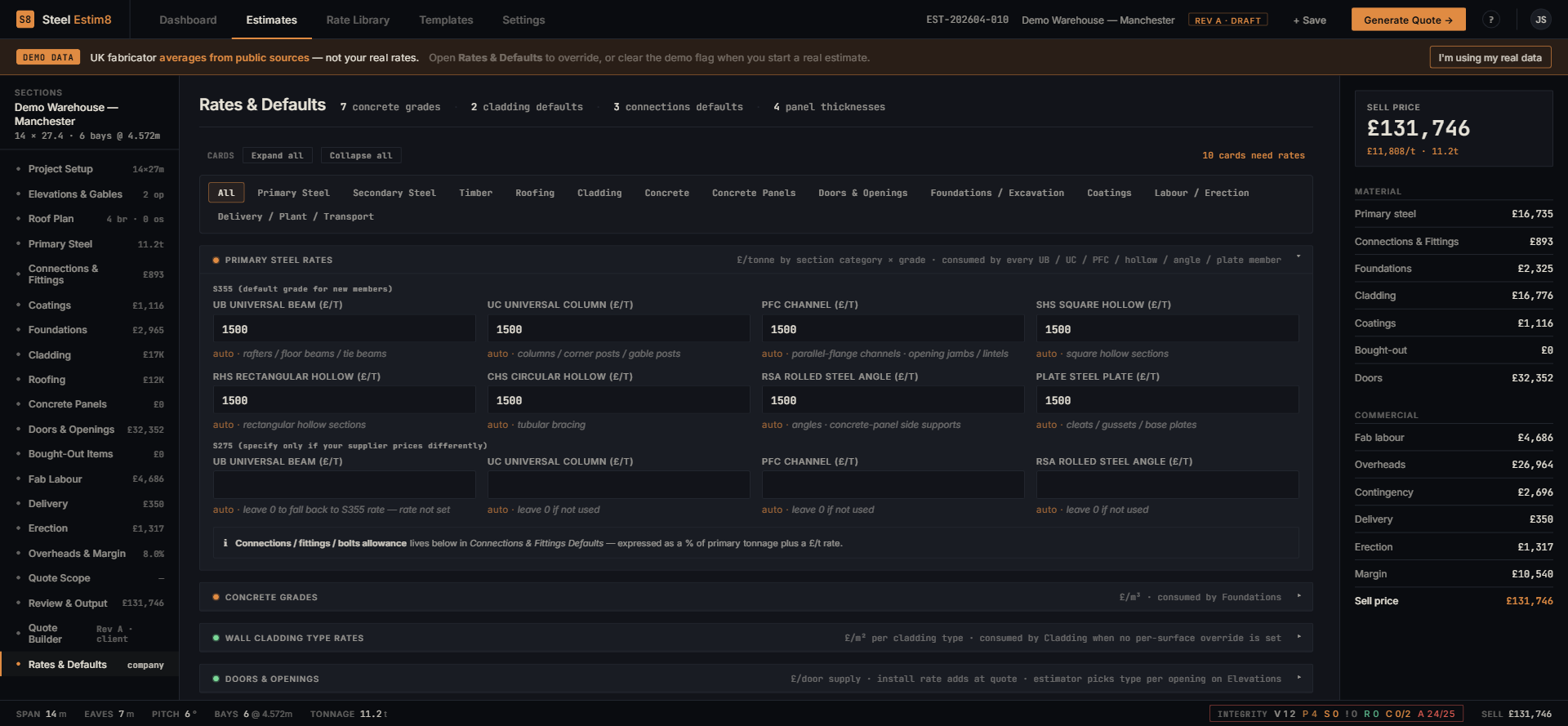 Rates & Defaults library covering steel, cladding, concrete and more