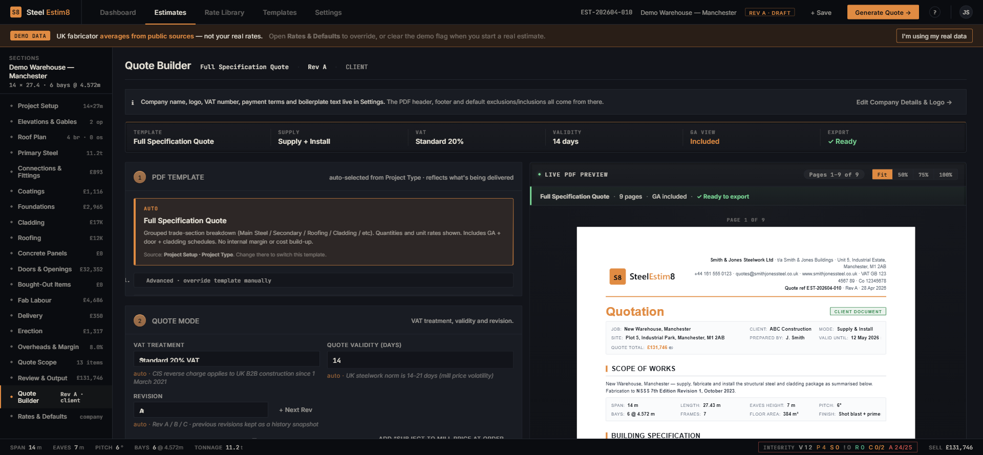 SteelEstim8 quote builder with the live PDF preview rendering on the right as settings change on the left
