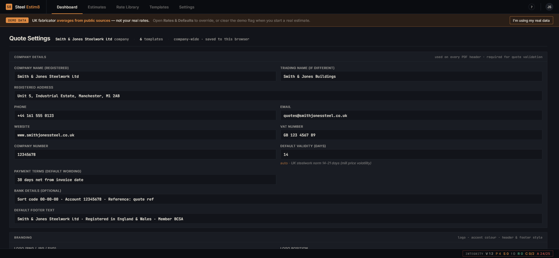 Settings > Quote Settings showing company details